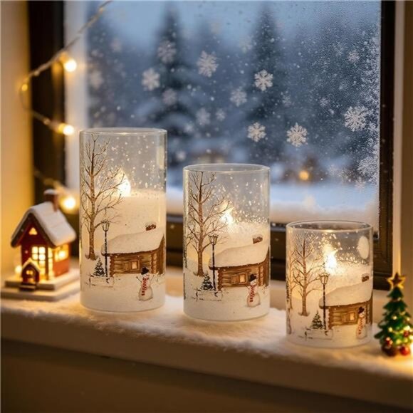 Snowman Glass Flameless Candles Battery Operated with Remote and Timer - Picture 4 of 7